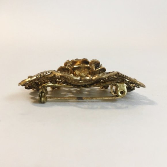 Rose Pin Brooch Vintage Ornate Scroll Filigree - Picture 5 of 6